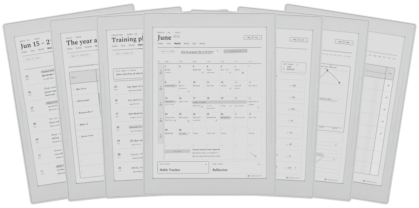 The Complete System: the week, the year at a glance, a training plan, the month view, a monthly budget, mood and energy, and the habit chain, shown on an e-ink tablet