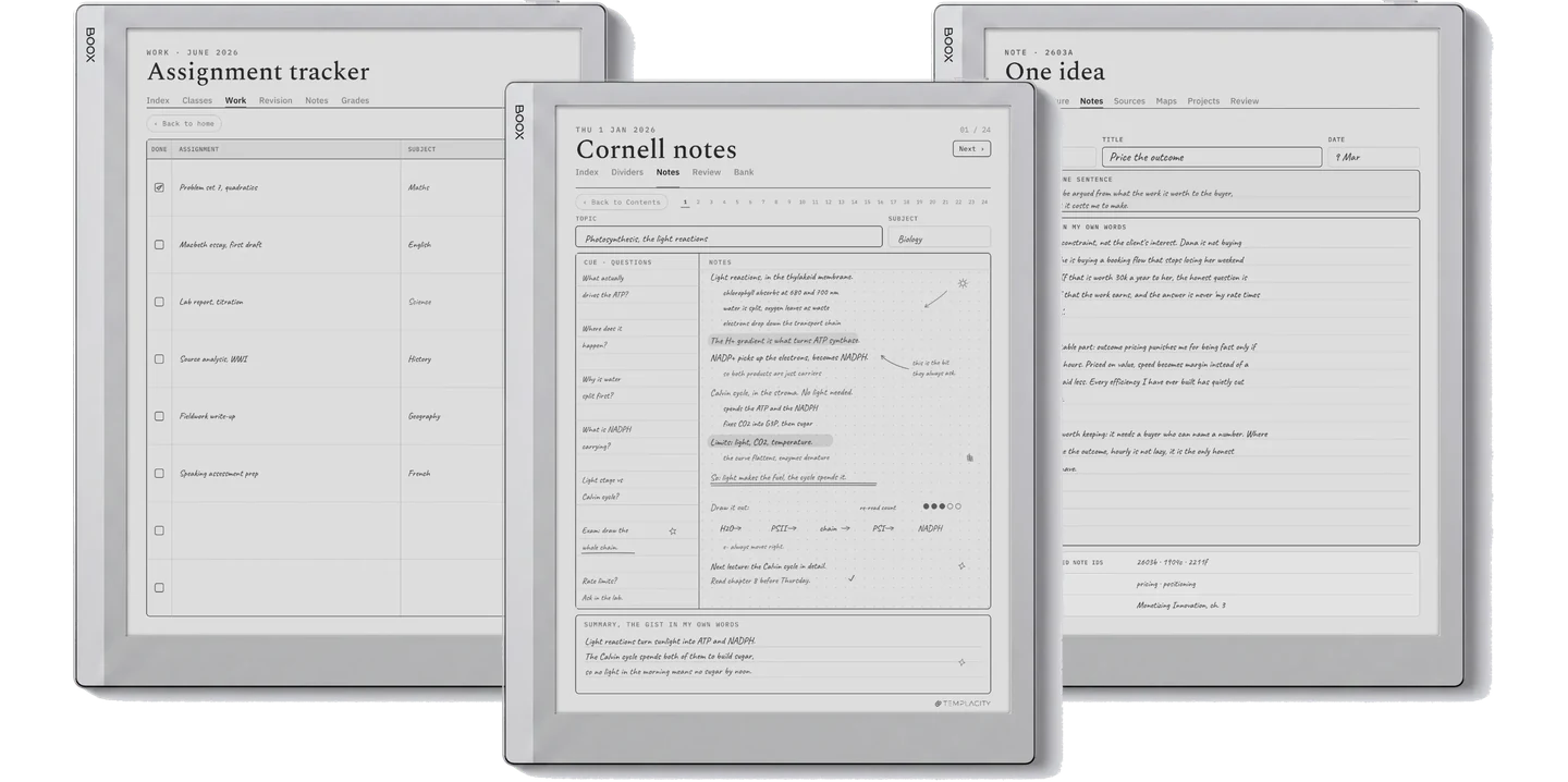 The Study System: an assignment tracker, a Cornell note with its cue column filled in, and a Zettelkasten idea card, shown on an e-ink tablet
