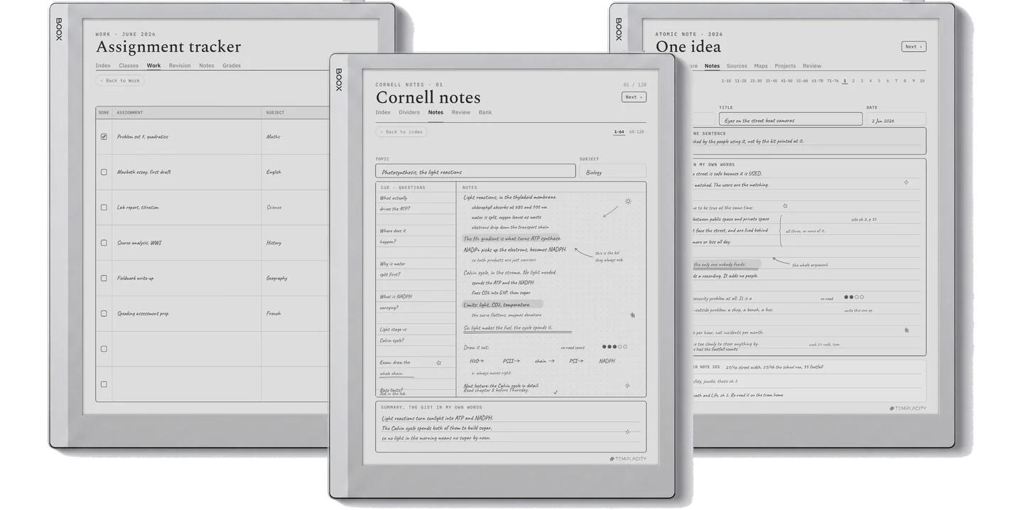 The Study System : un suivi des devoirs, une note Cornell avec sa colonne de repères remplie et une fiche d'idée Zettelkasten, affichés sur une tablette e-ink