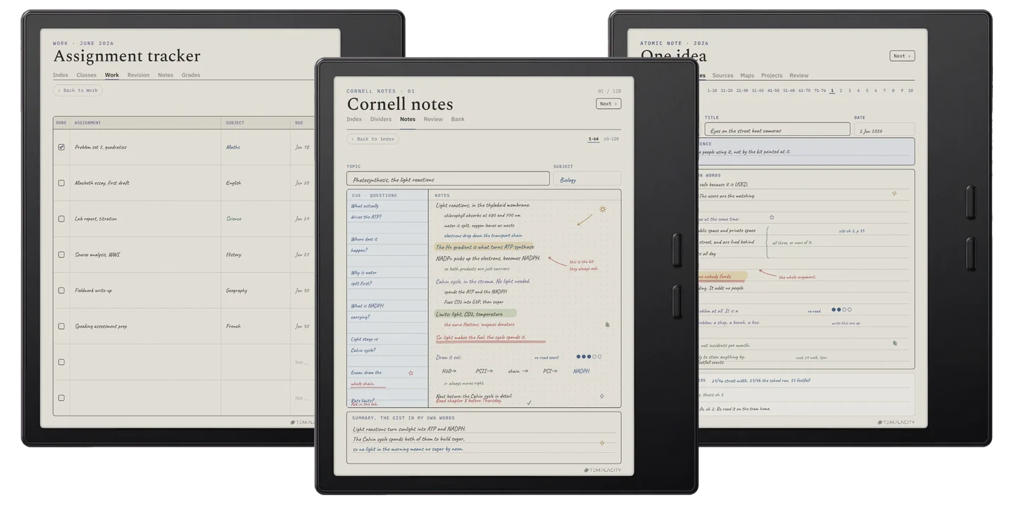 The Study System : un suivi des devoirs, une note Cornell avec sa colonne de repères remplie et une fiche d'idée Zettelkasten, affichés sur une tablette e-ink