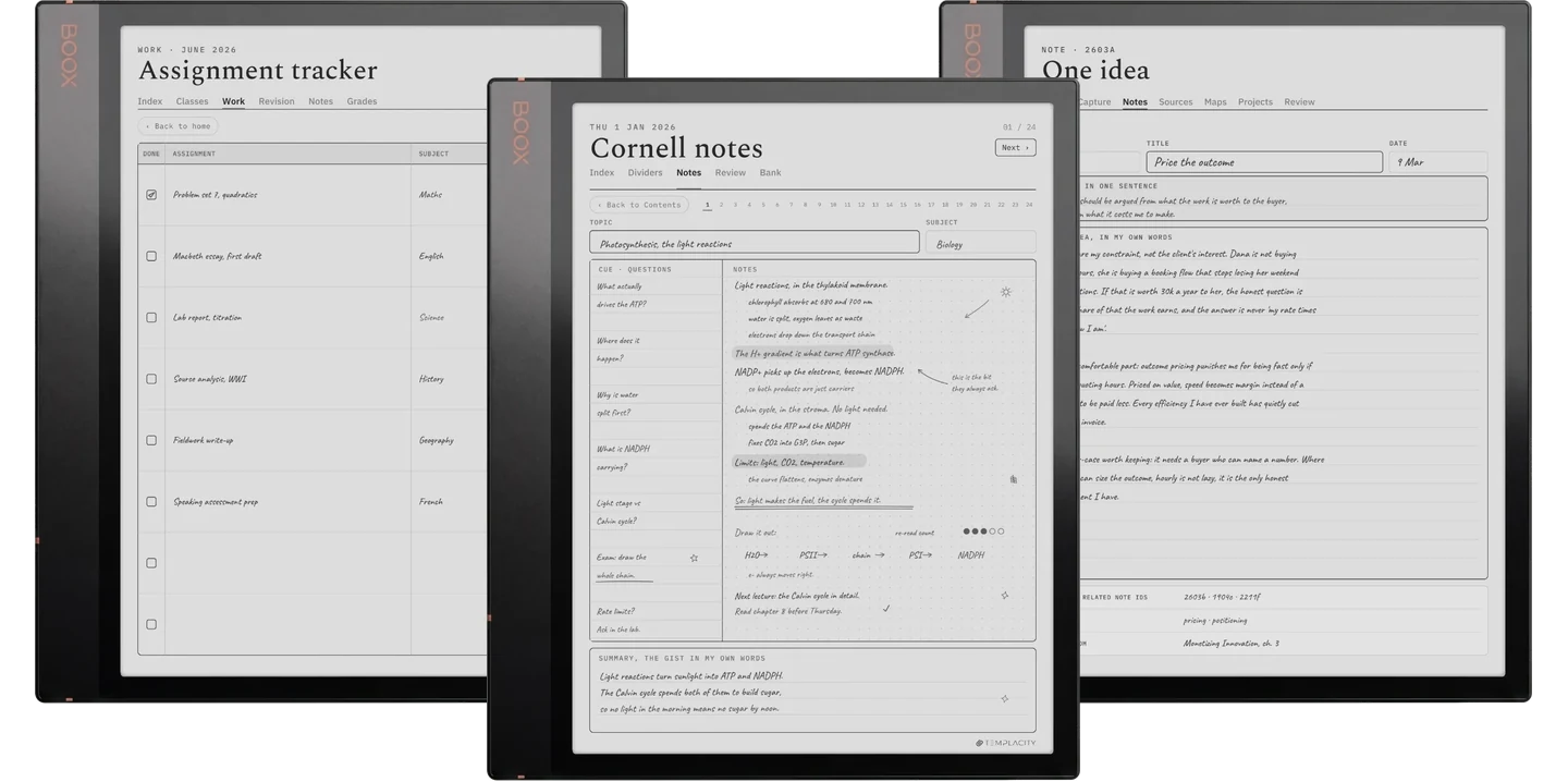 The Study System: an assignment tracker, a Cornell note with its cue column filled in, and a Zettelkasten idea card, shown on an e-ink tablet