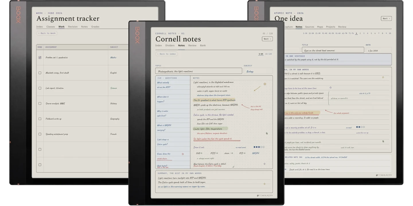 The Study System : un suivi des devoirs, une note Cornell avec sa colonne de repères remplie et une fiche d'idée Zettelkasten, affichés sur une tablette e-ink