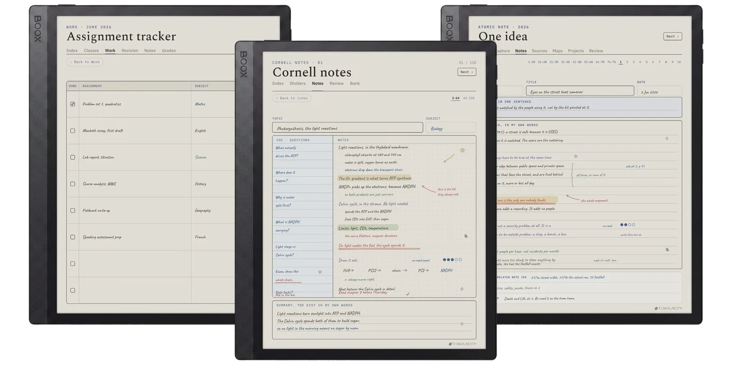 The Study System: ein Aufgabentracker, eine Cornell-Notiz mit ausgefüllter Stichwortspalte und eine Zettelkasten-Ideenkarte, gezeigt auf einem E-Ink-Tablet