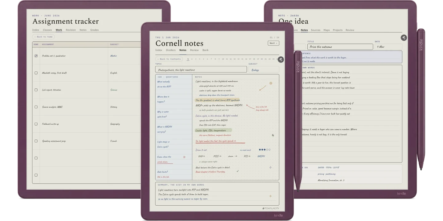 The Study System: an assignment tracker, a Cornell note with its cue column filled in, and a Zettelkasten idea card, shown on an e-ink tablet