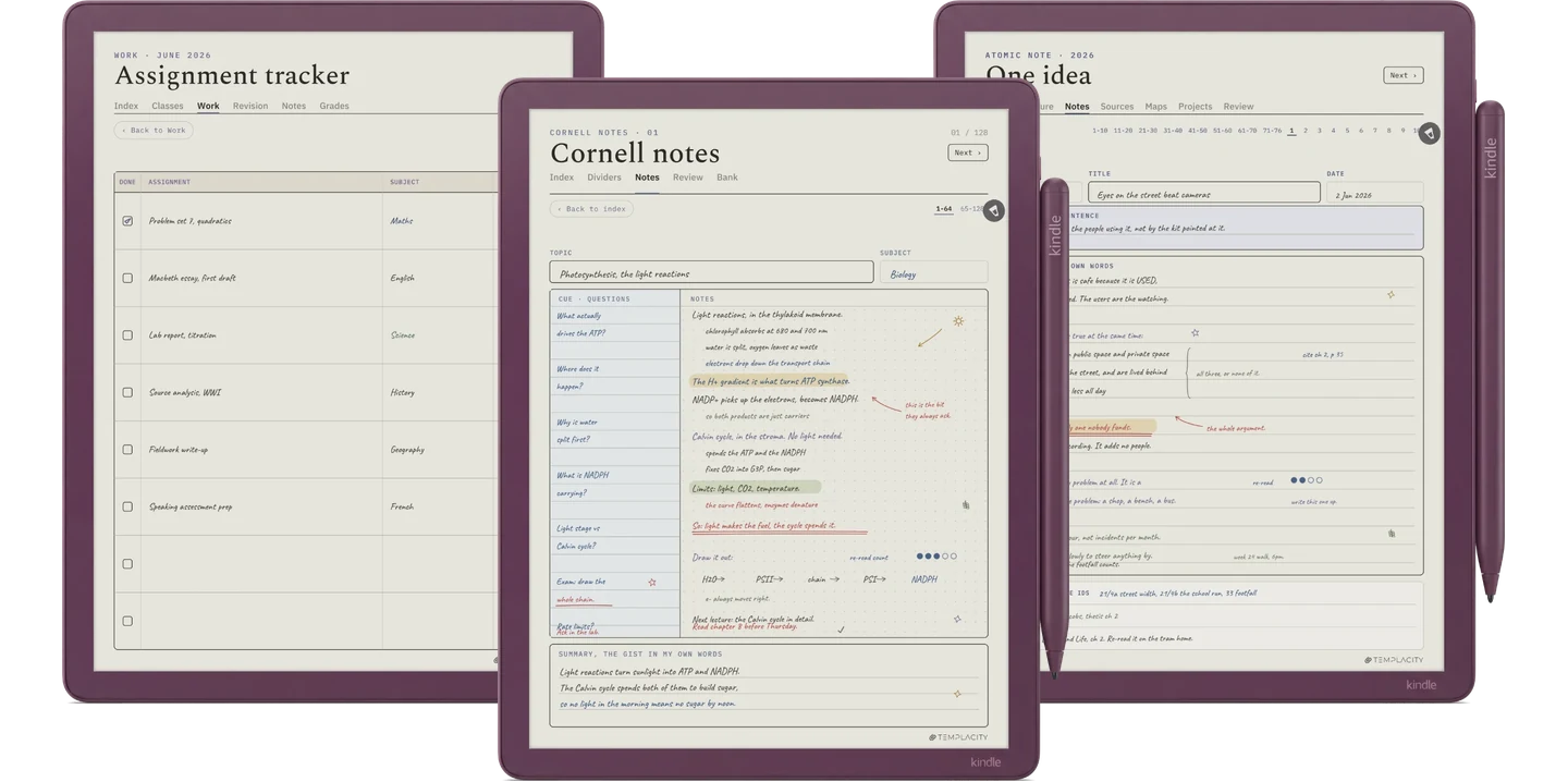 The Study System : un suivi des devoirs, une note Cornell avec sa colonne de repères remplie et une fiche d'idée Zettelkasten, affichés sur une tablette e-ink