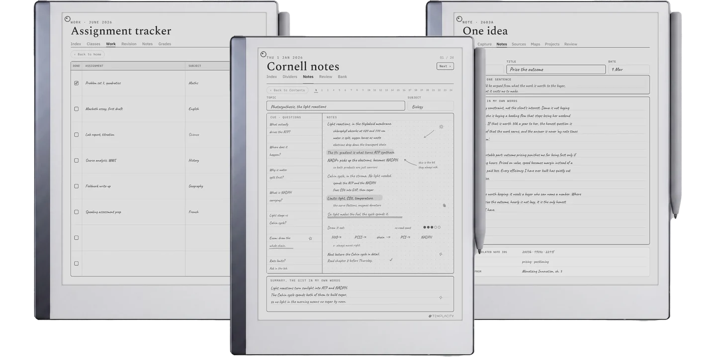 The Study System: an assignment tracker, a Cornell note with its cue column filled in, and a Zettelkasten idea card, shown on an e-ink tablet