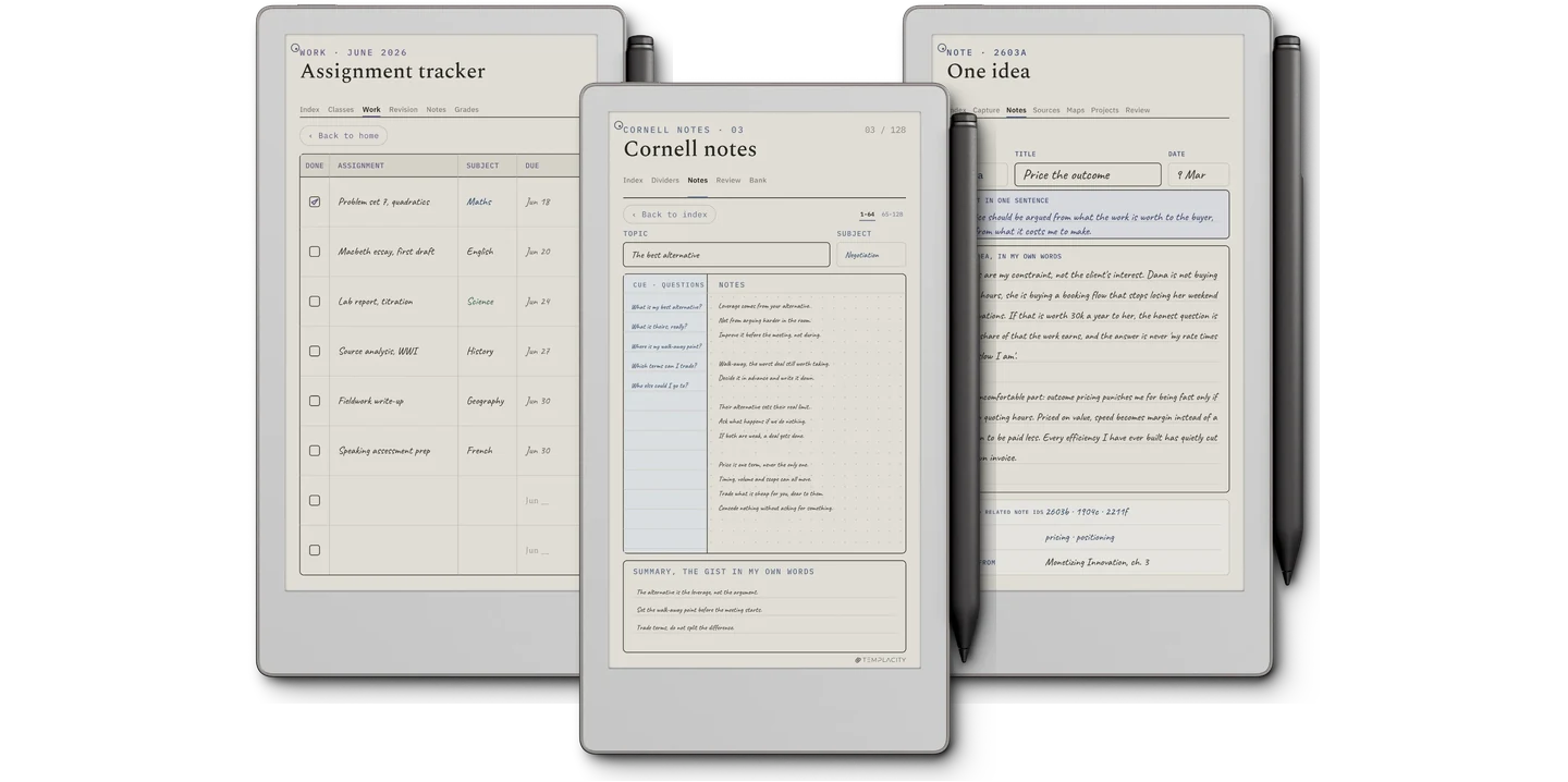 The Study System: an assignment tracker, a Cornell note with its cue column filled in, and a Zettelkasten idea card, shown on an e-ink tablet