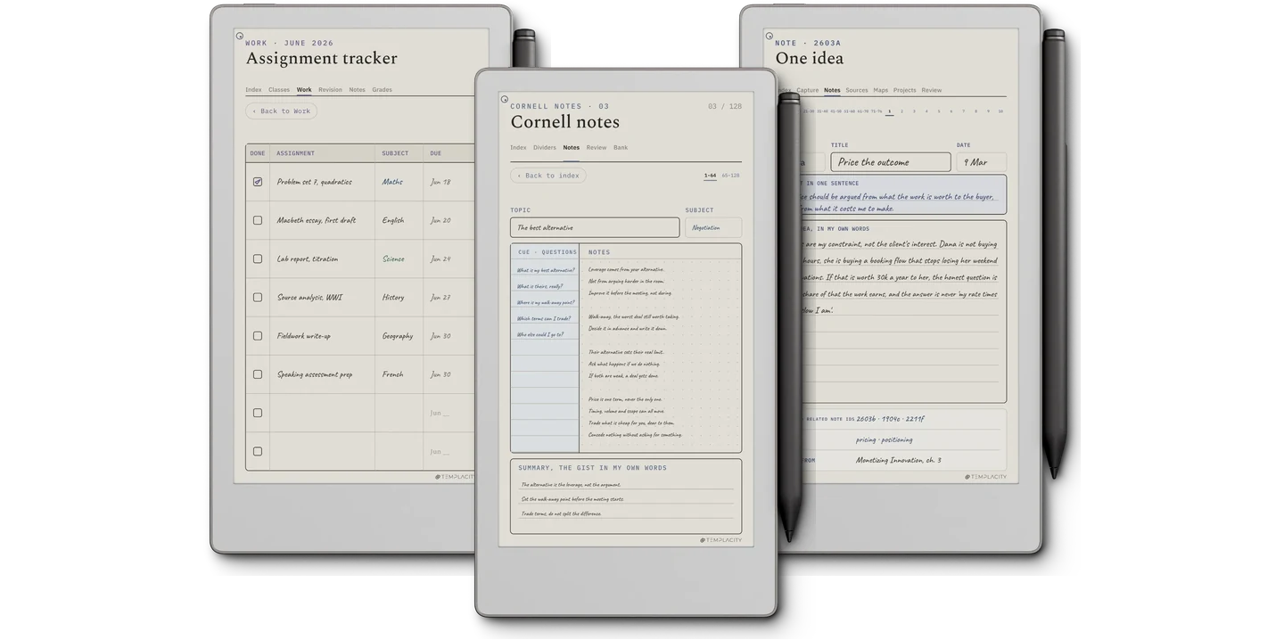 The Study System: ein Aufgabentracker, eine Cornell-Notiz mit ausgefüllter Stichwortspalte und eine Zettelkasten-Ideenkarte, gezeigt auf einem E-Ink-Tablet