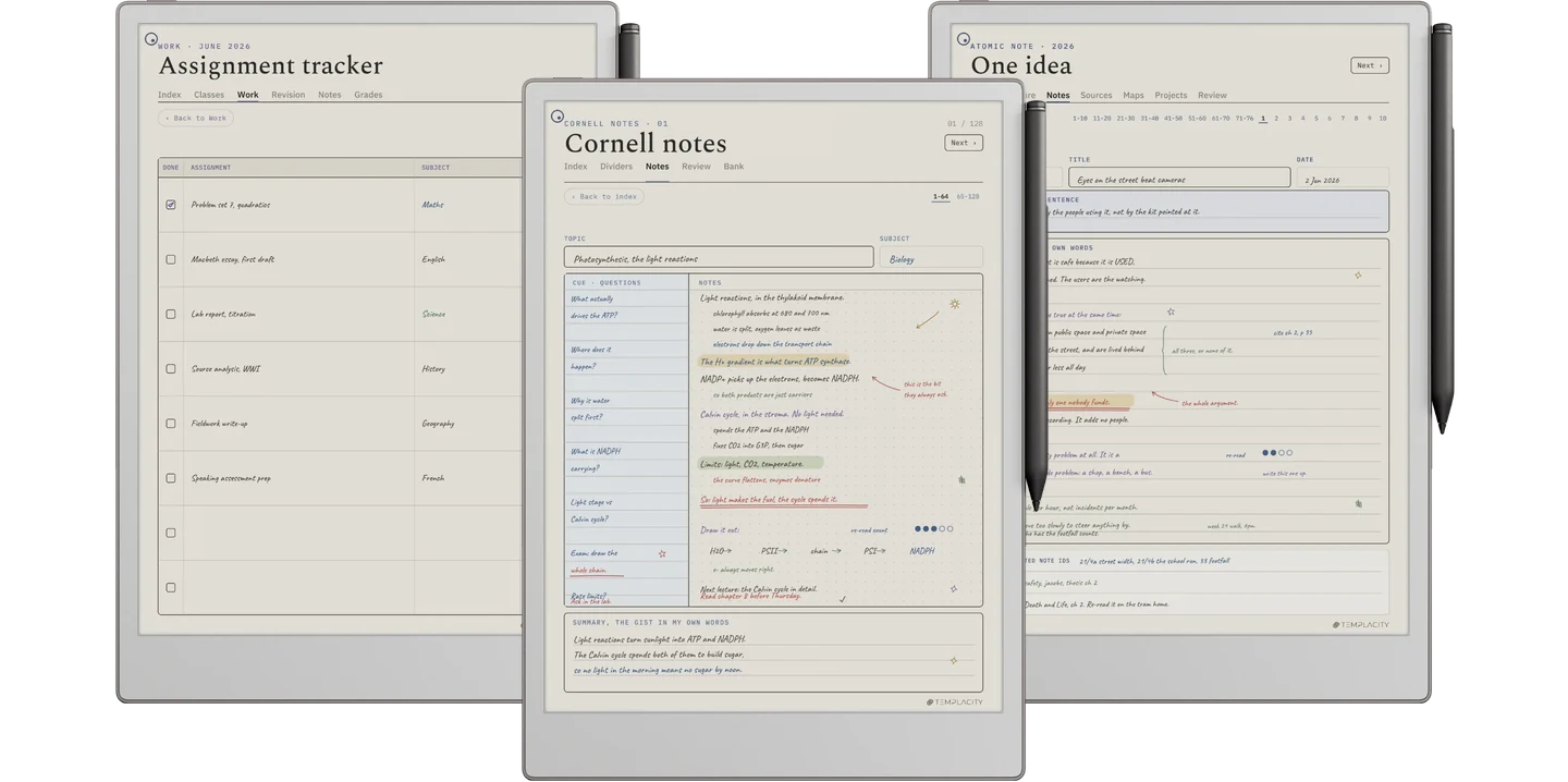 The Study System: an assignment tracker, a Cornell note with its cue column filled in, and a Zettelkasten idea card, shown on an e-ink tablet