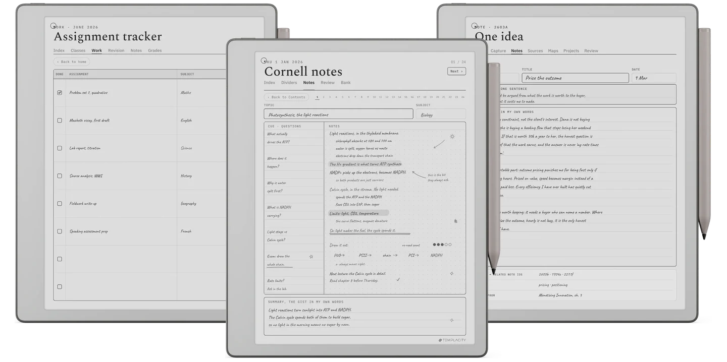 The Study System: an assignment tracker, a Cornell note with its cue column filled in, and a Zettelkasten idea card, shown on an e-ink tablet