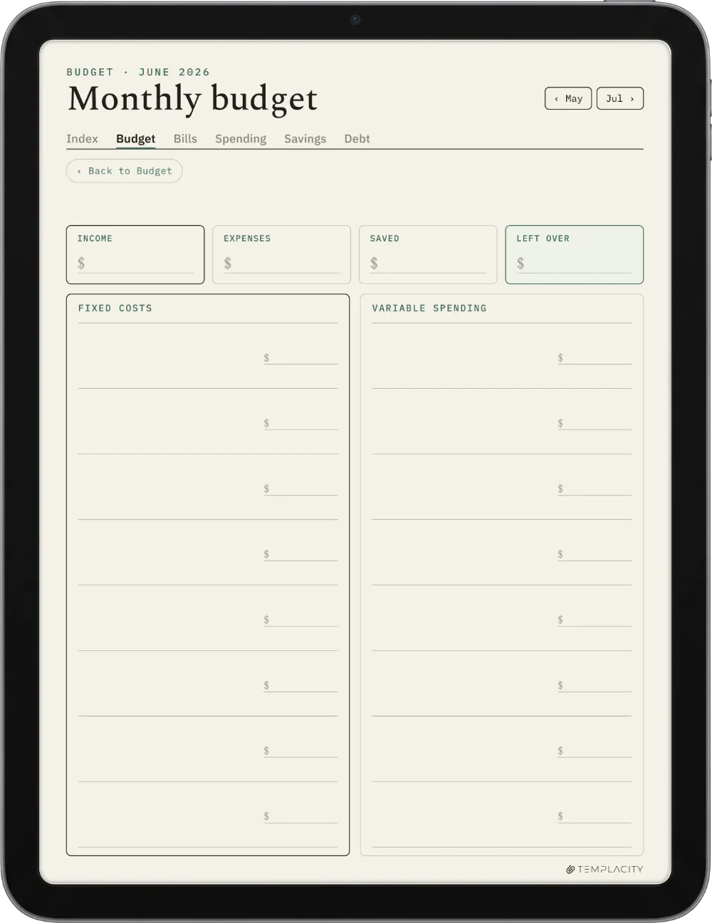 The Planner The Monthly Budget