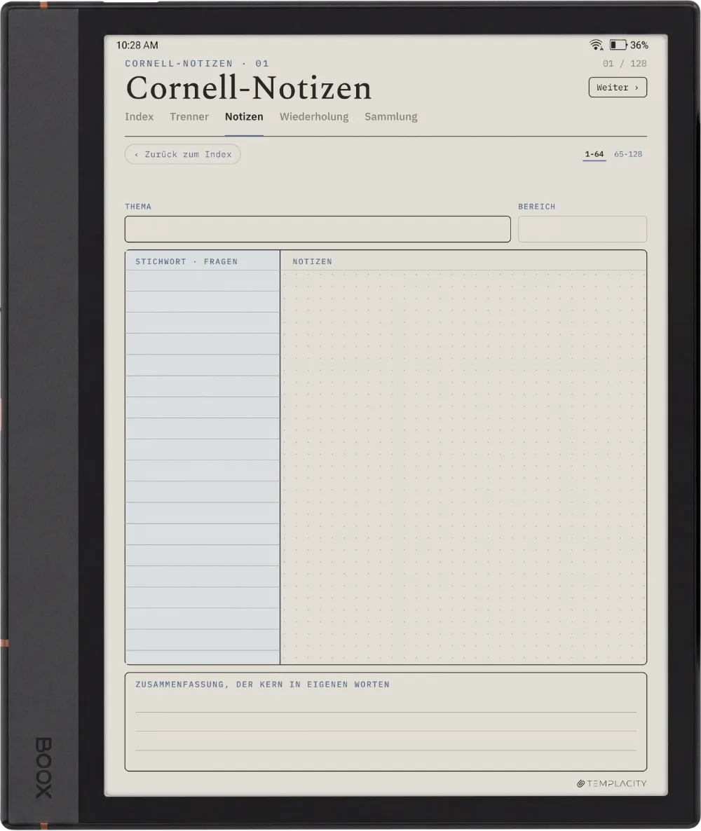 The Planner · Cornell-Notizen Boox Note Air4 C Seite 1