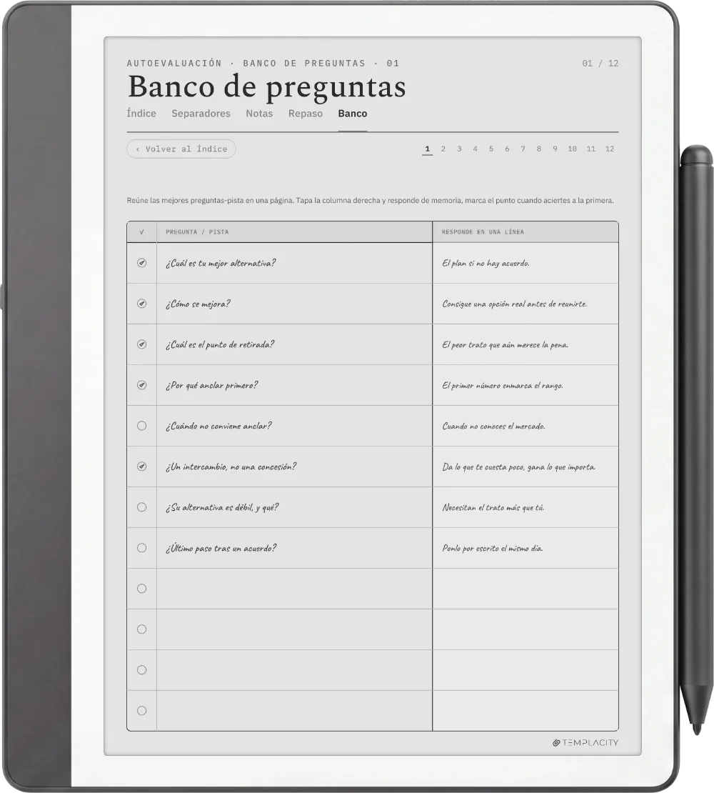 Técnicas de estudio en la práctica: un banco de preguntas donde la respuesta se tapa y se marca un punto cuando sale limpia