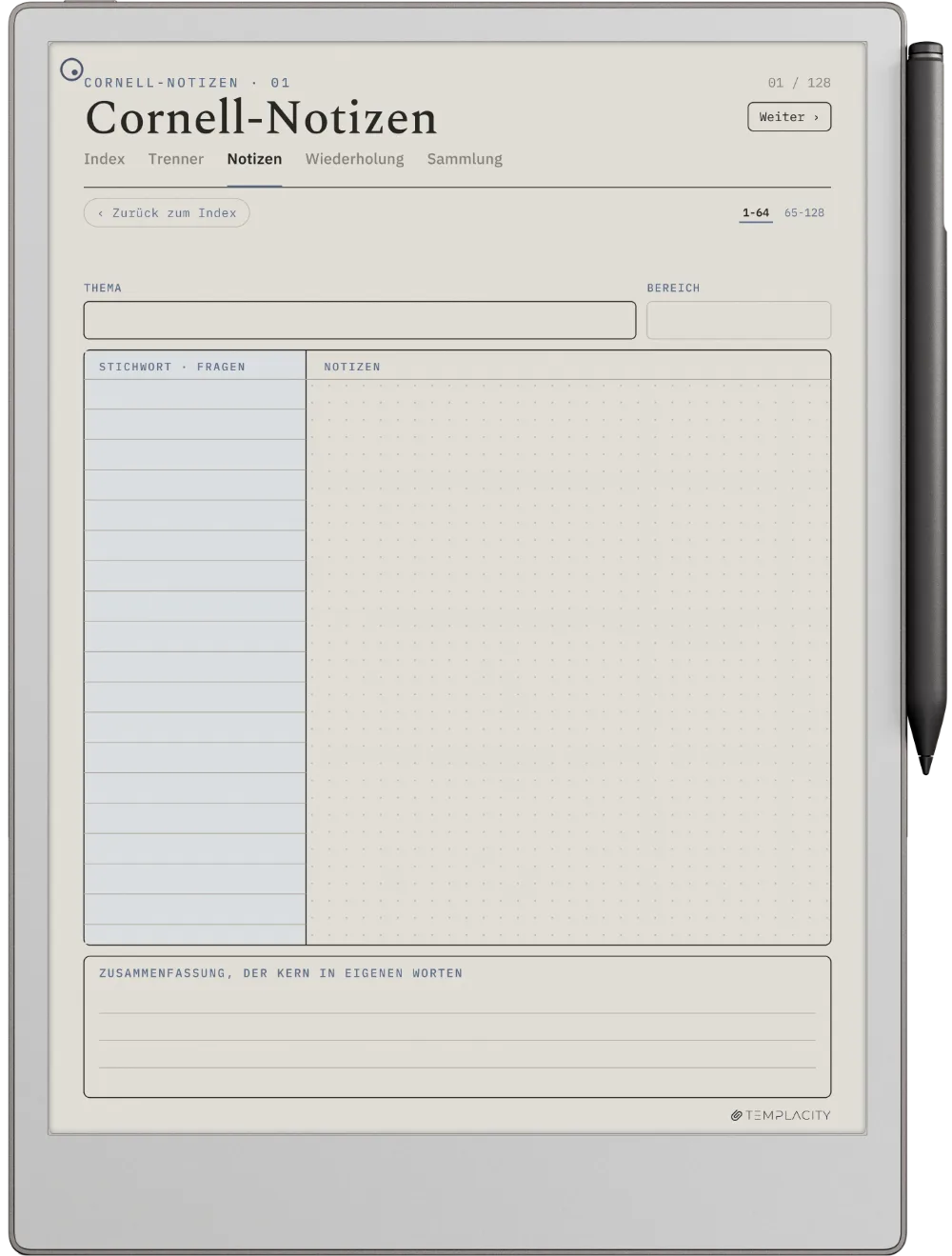 The Planner · Cornell-Notizen reMarkable Paper Pro Seite 1