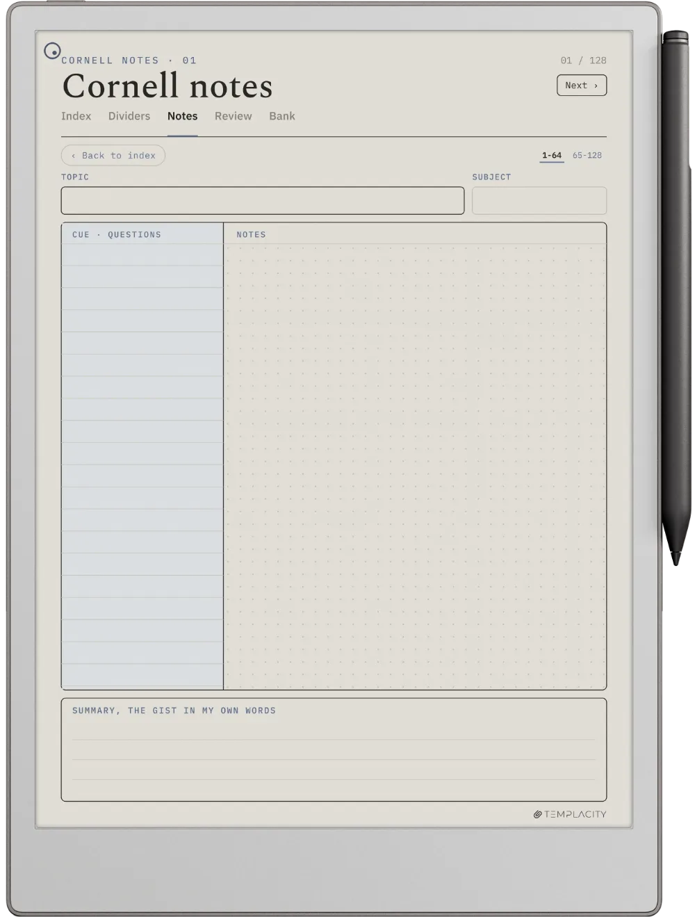 Cornell Notes reMarkable Paper Pro page 1