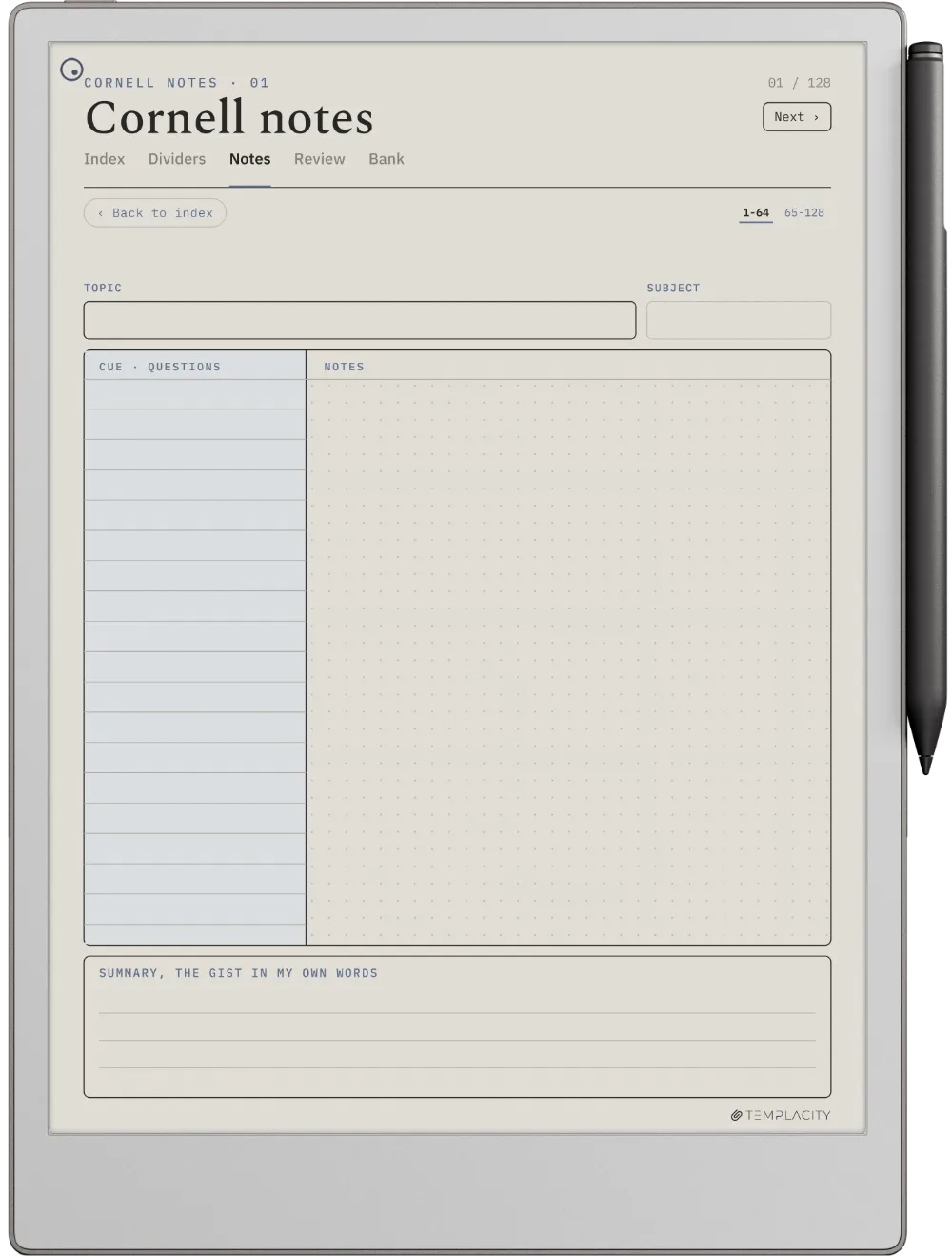 Cornell Notes reMarkable Paper Pro page 1