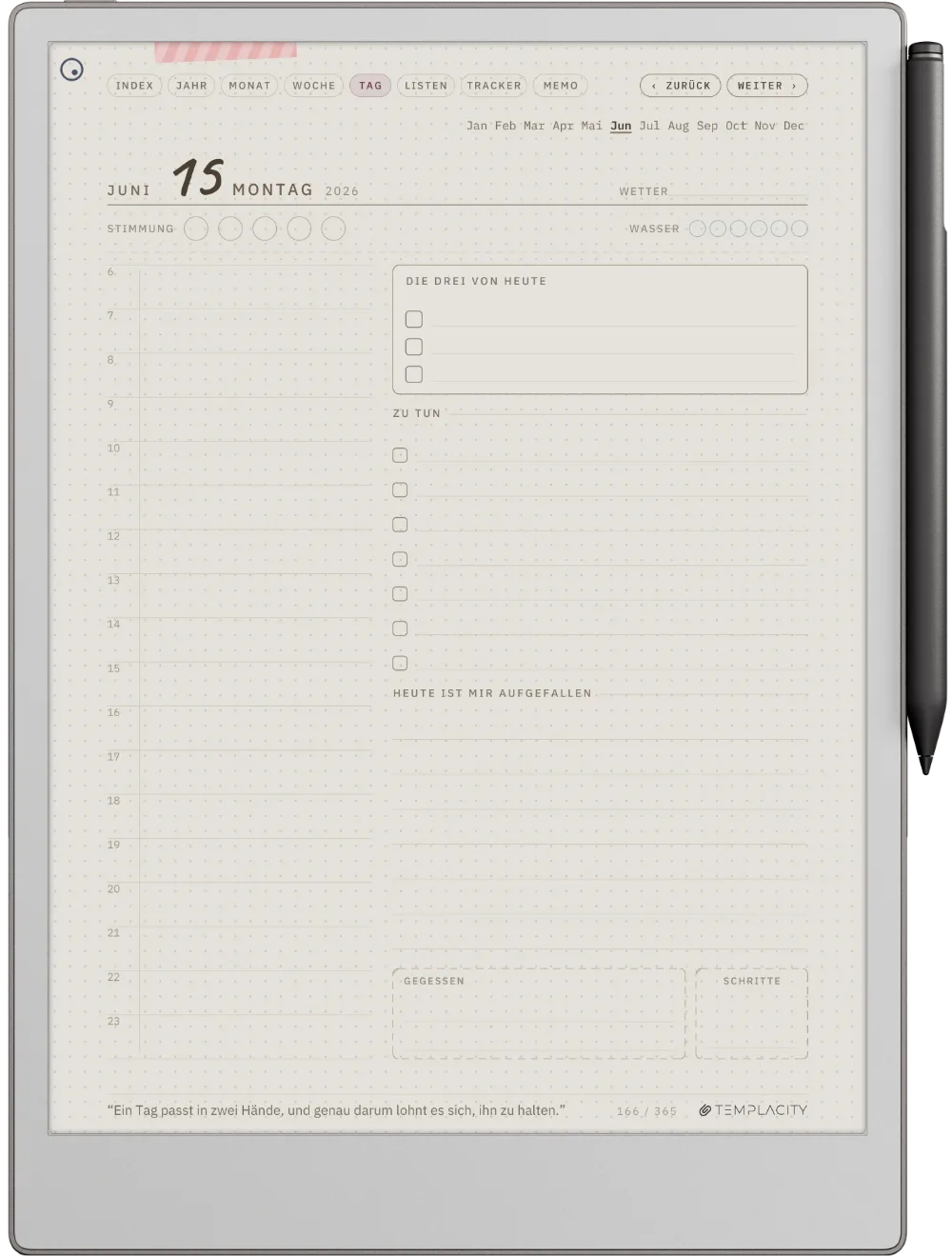 Ichinichi 一日 · Ein Techo für E-Ink reMarkable Paper Pro Seite 1