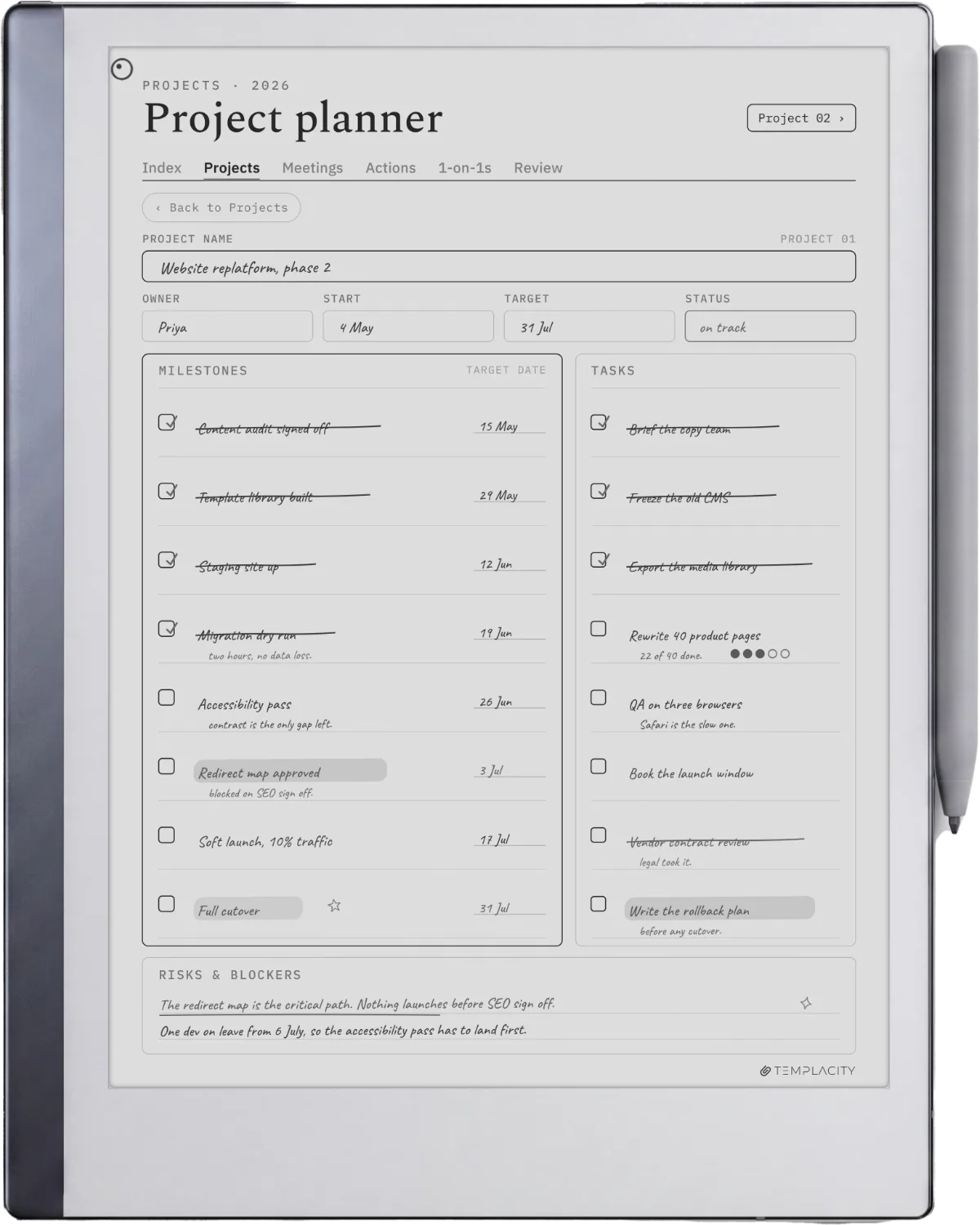 reMarkable 2 showing the Digital Work Planner, project planner page