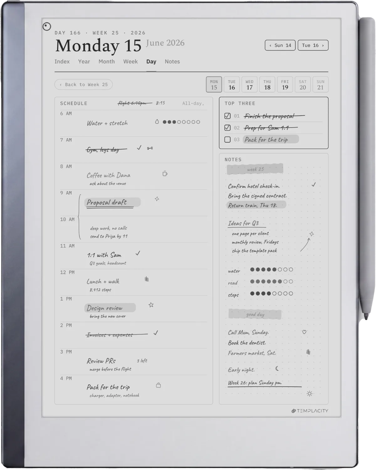 reMarkable 2 showing The Planner, day page
