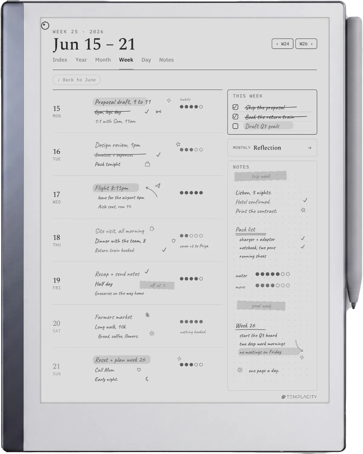 reMarkable 2 showing the same weekly planner in mono e-ink