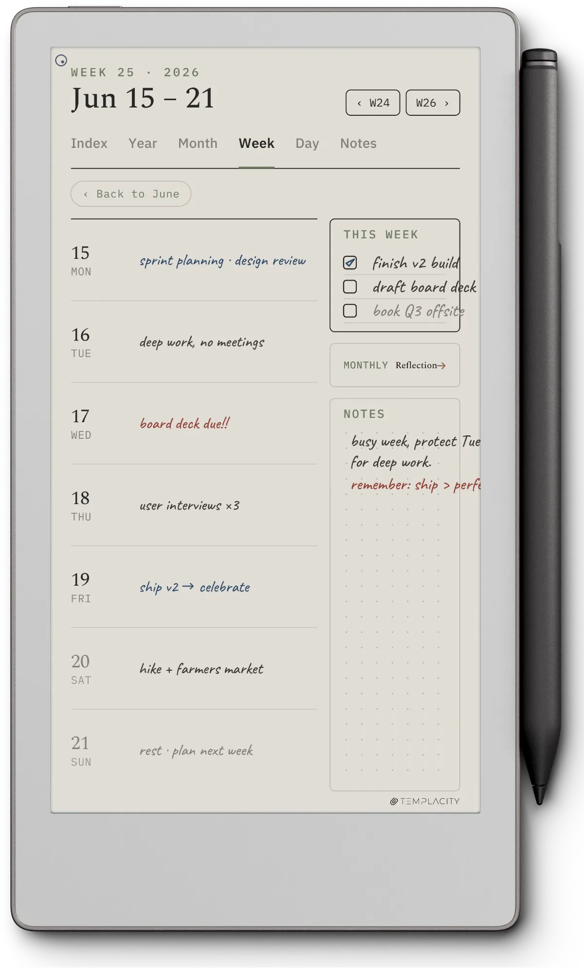 a reMarkable Paper Pro Move held in portrait showing a planner page
