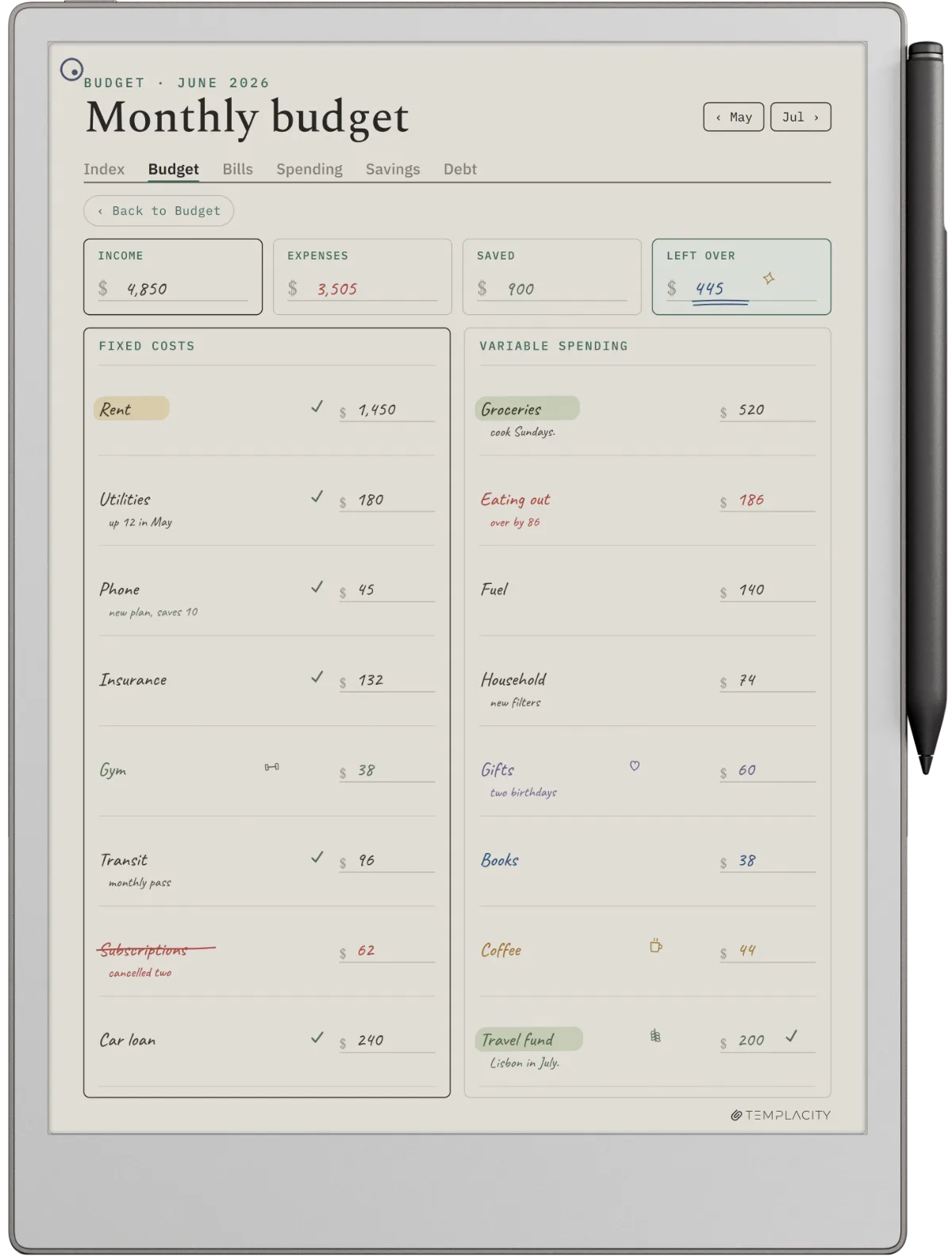 A reMarkable Paper Pro showing the monthly budget page from the Budget Suite