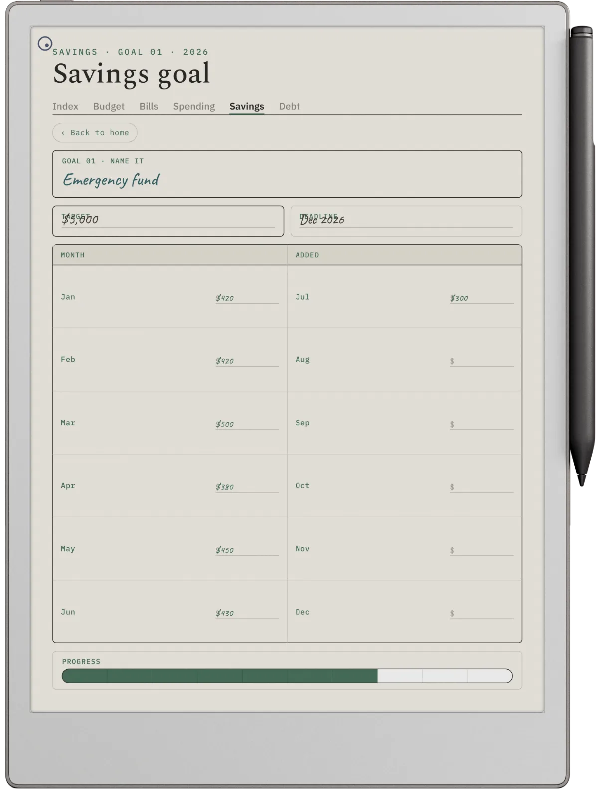 reMarkable Paper Pro showing the Budget Suite - Savings Goal page