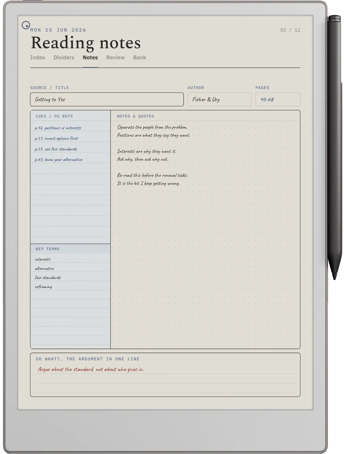 A handwritten reading-notes page with source and page references, quotes, key terms, and the argument compressed into one line at the foot