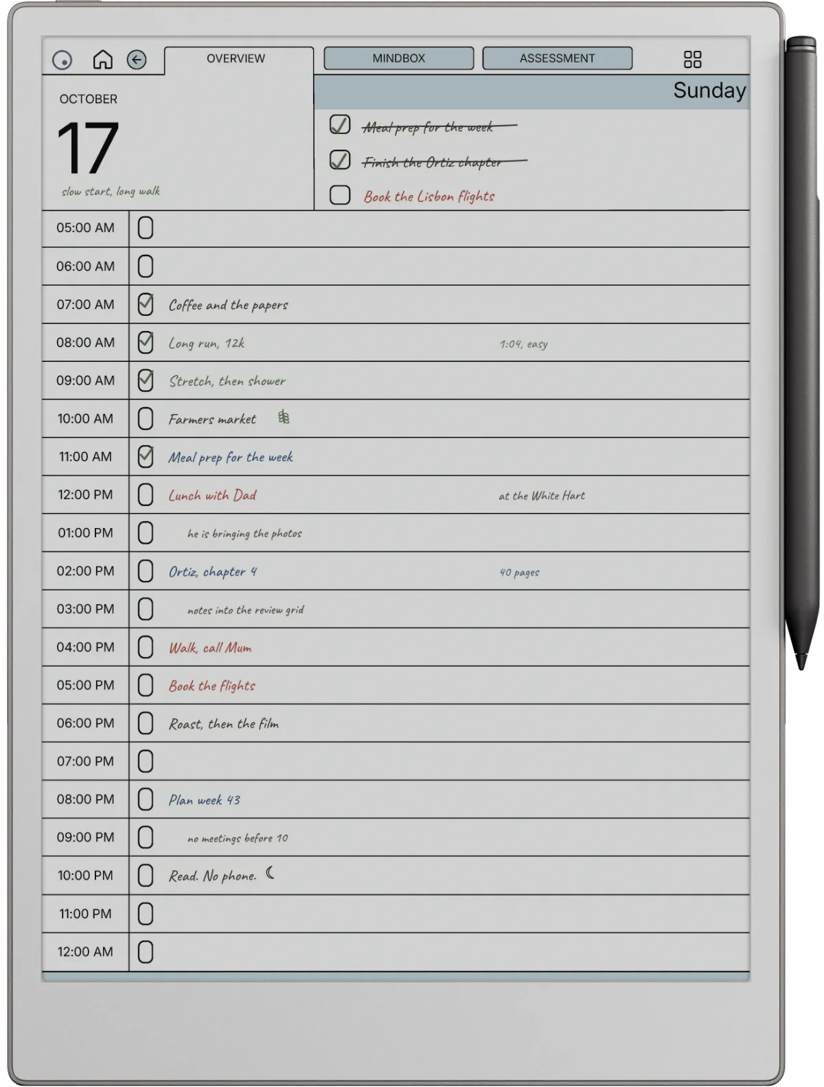 A dated daily page on an e-ink tablet, one day to a page with an hourly column and a notes field