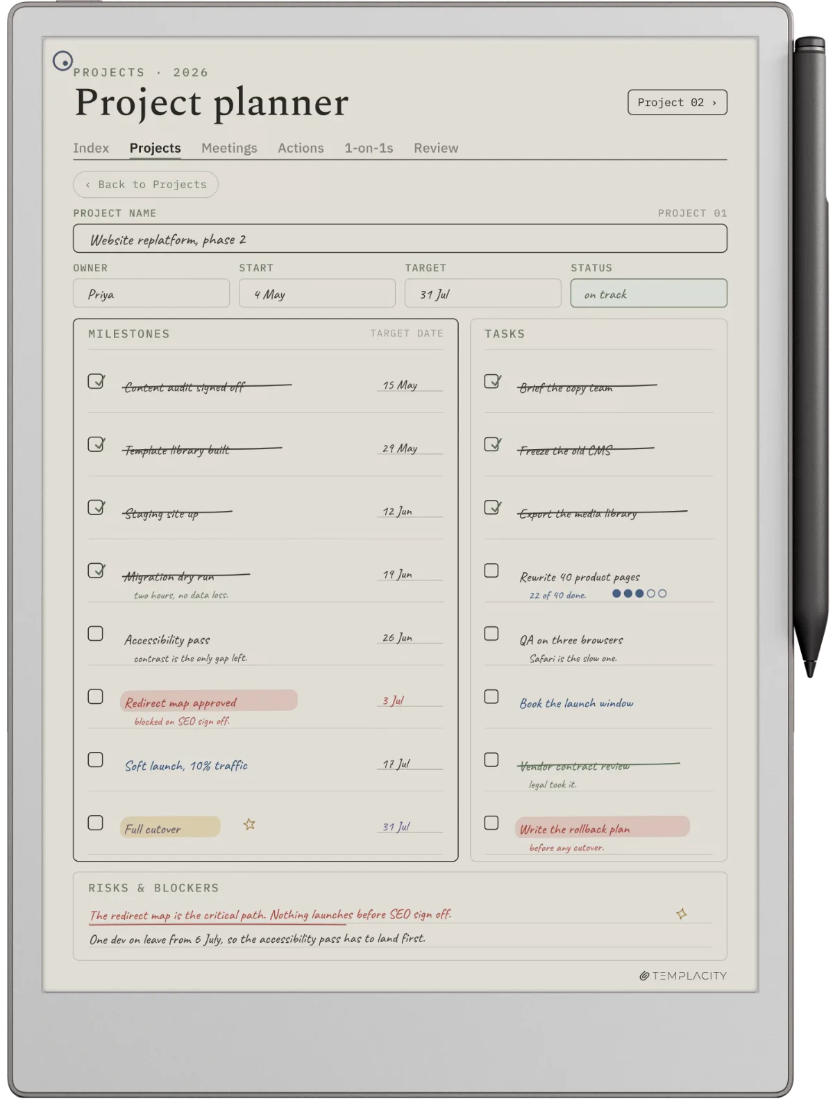 reMarkable Paper Pro showing the Digital Work Planner, project planner page