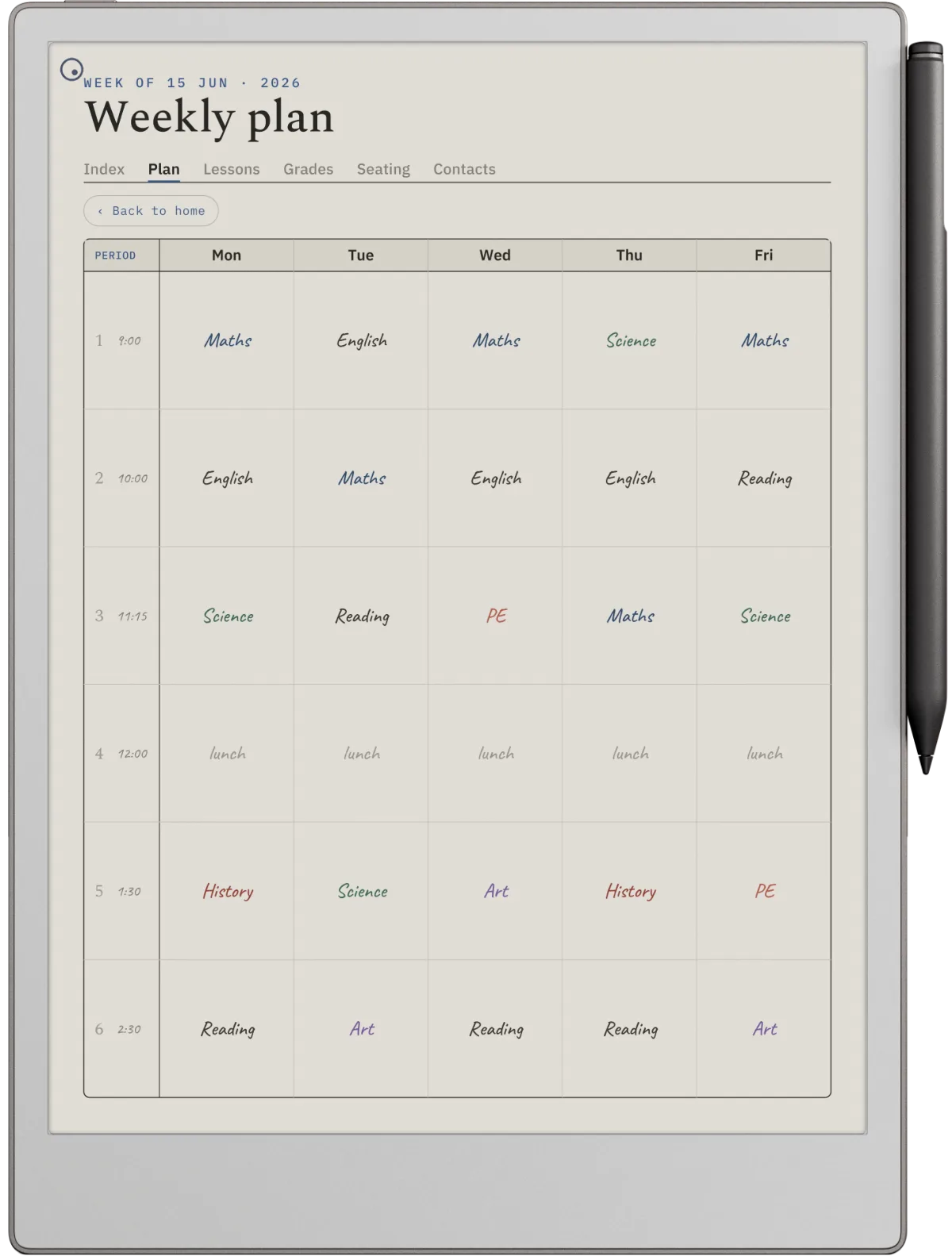 A weekly plan page laid out Monday to Friday by period, open on a reMarkable Paper Pro