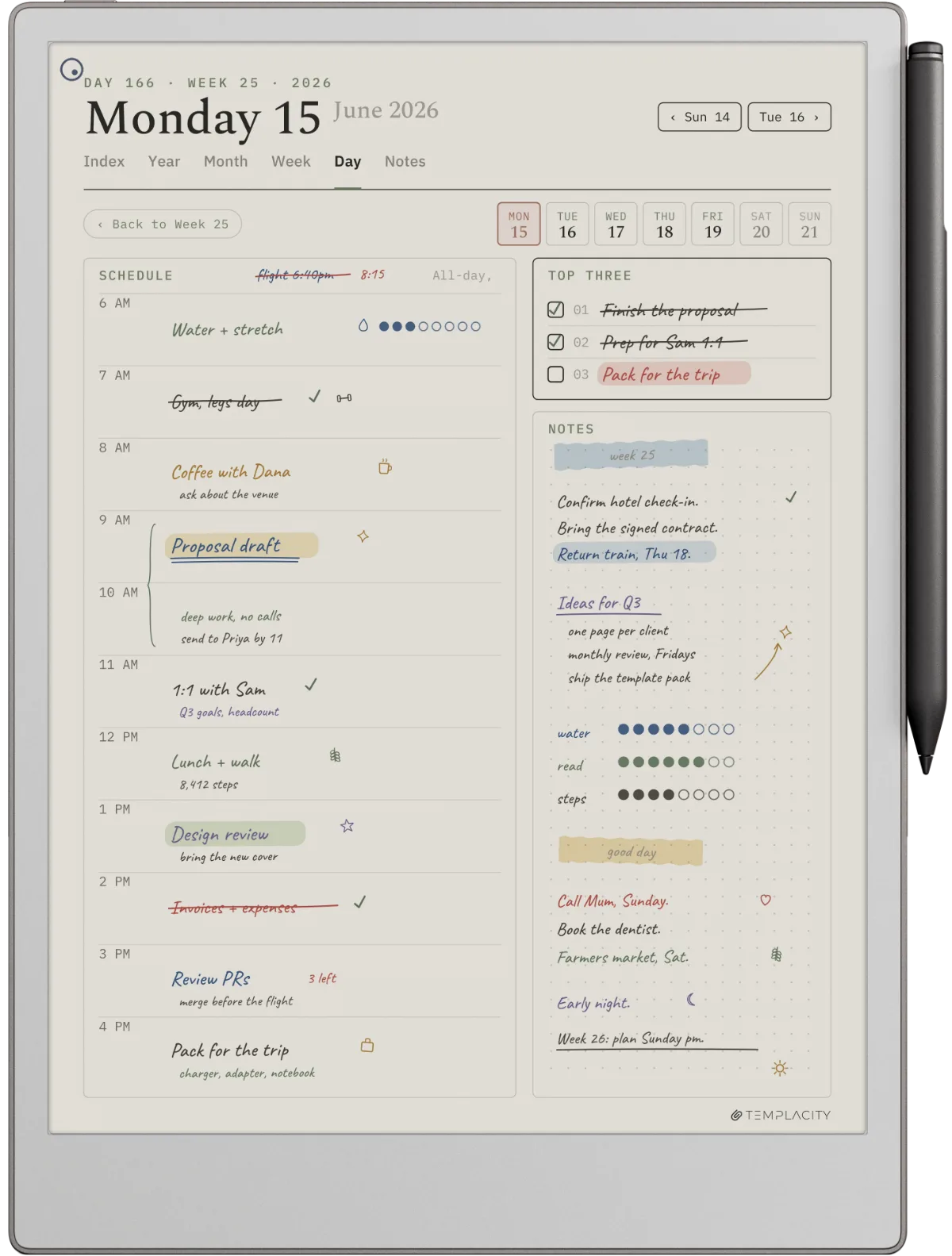 remarkable Paper Pro displaying a daily planner page on the Canvas Color panel