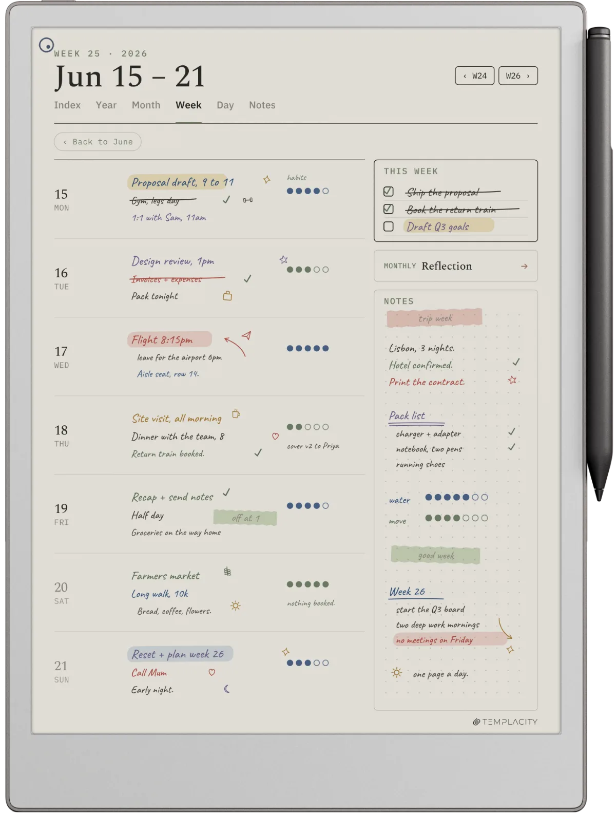 reMarkable Paper Pro showing a weekly planner template