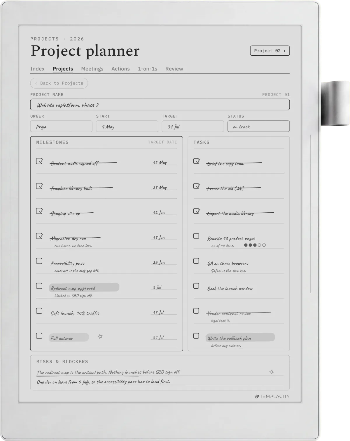 Supernote Manta showing the Digital Work Planner, project planner page