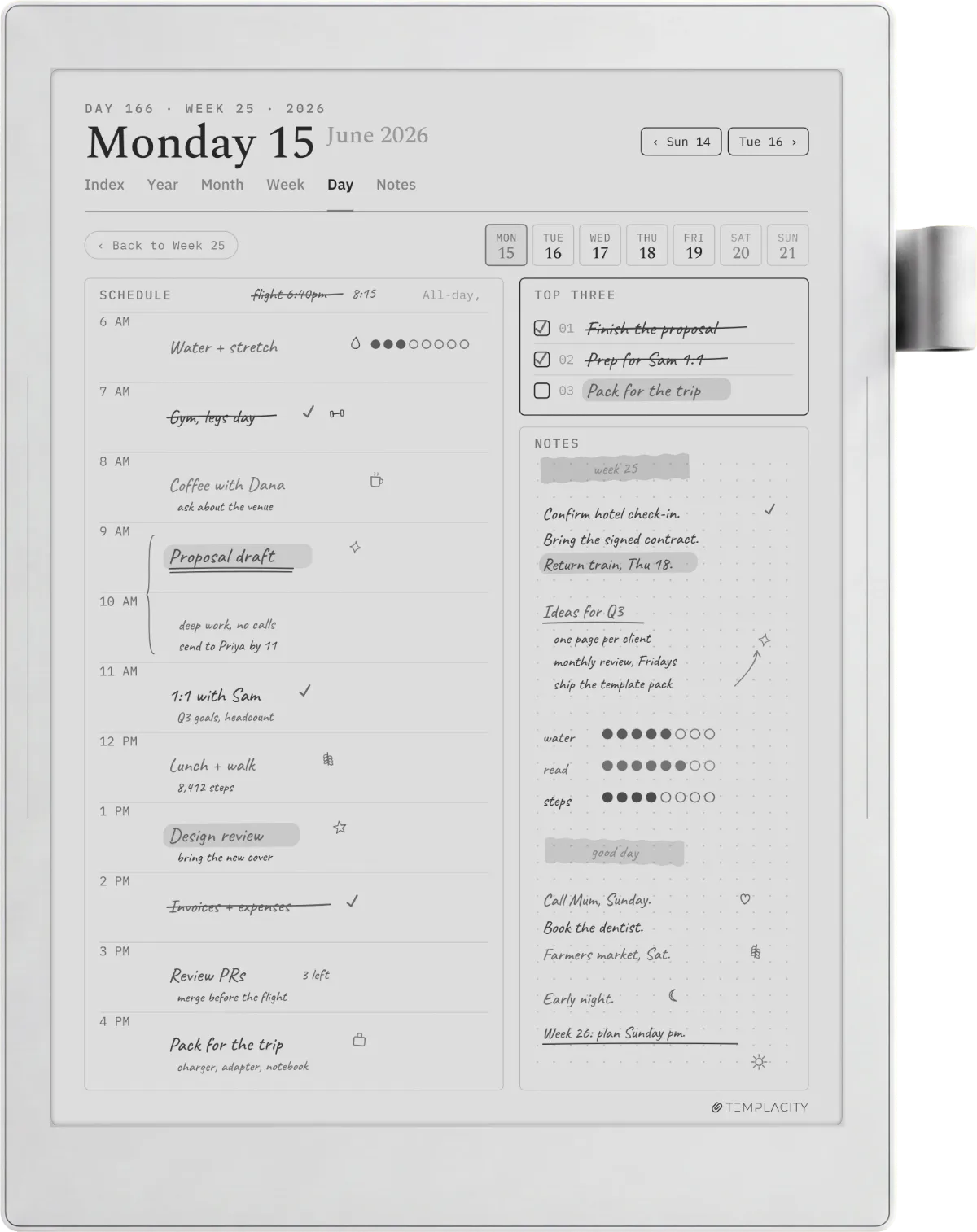 Supernote Manta showing The Planner, day page