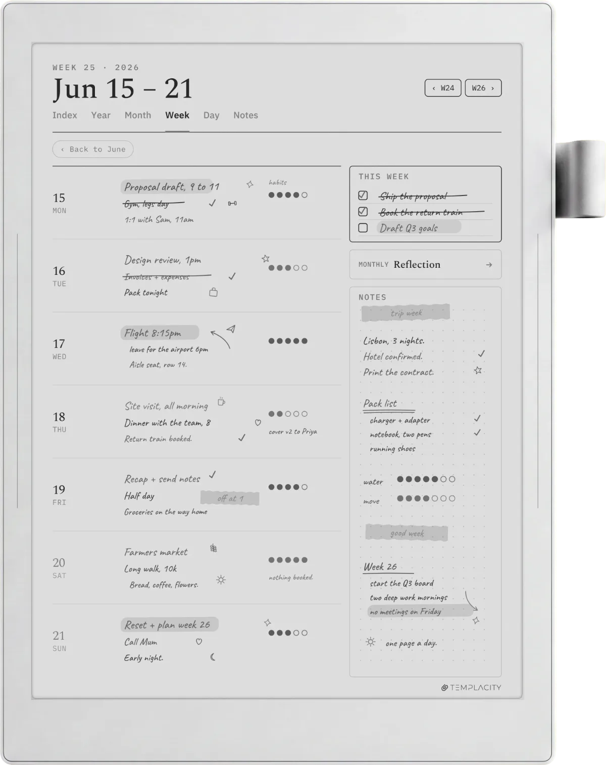 Supernote Manta showing a weekly planner page