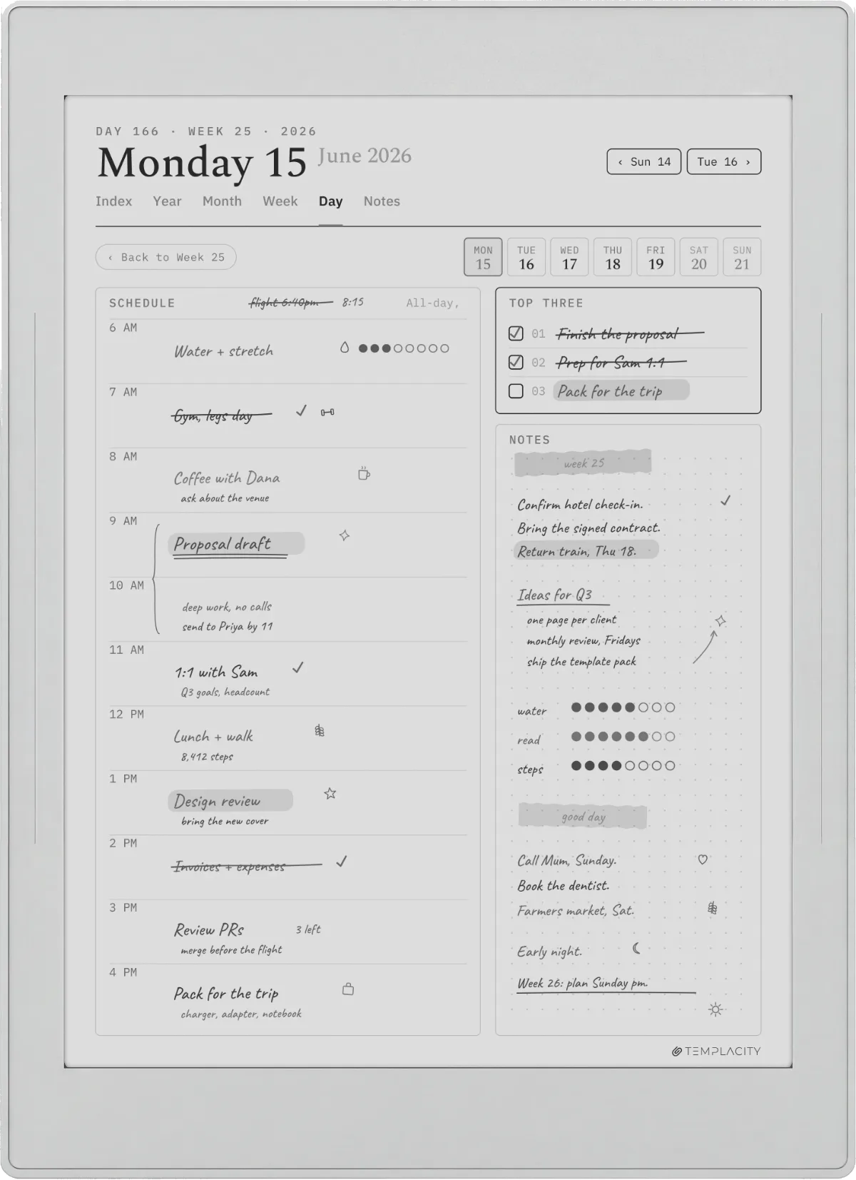 Supernote Nomad showing The Planner, day page