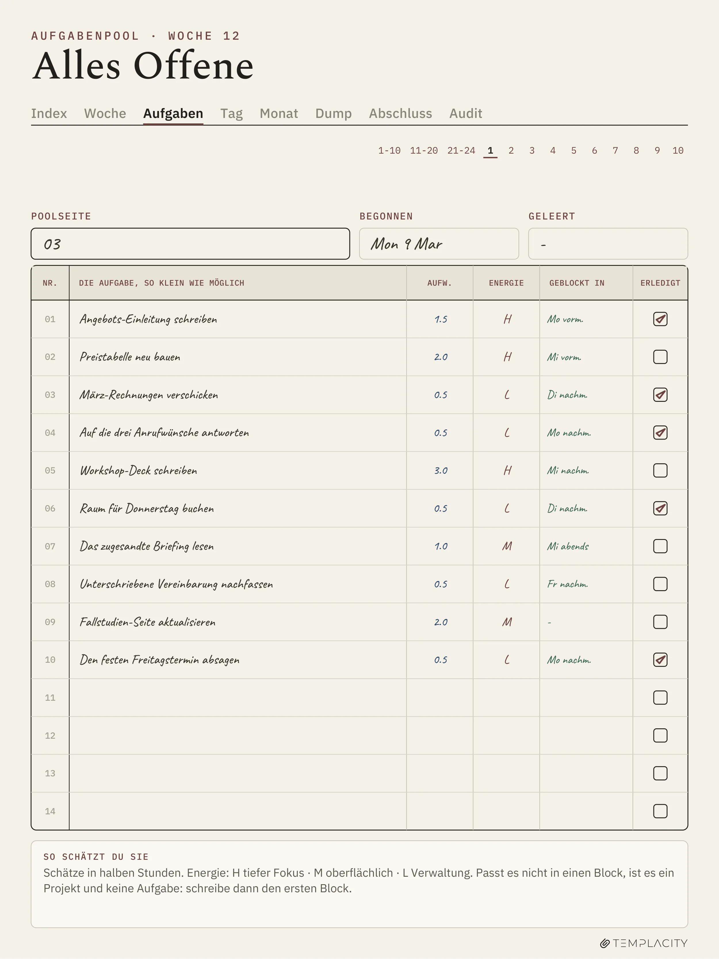 The Planner · Time Block System reMarkable Paper Pro Seite 3