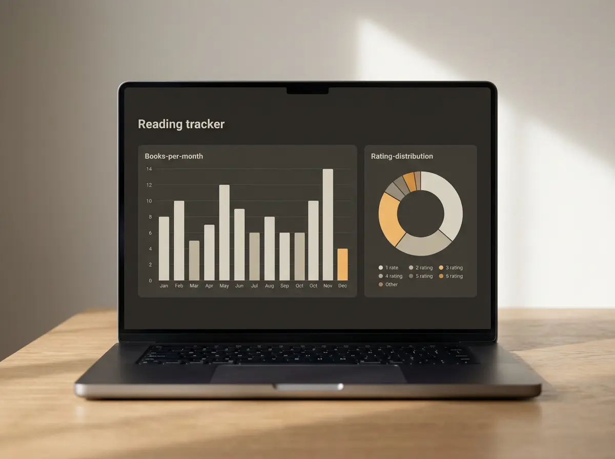 Illustration of a reading tracker dashboard with a yearly goal, progress bar, and at-a-glance reading stats