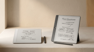 reMarkable Paper Pure and Kindle Scribe set side by side on a soft plaster shelf, soft window light from upper-left