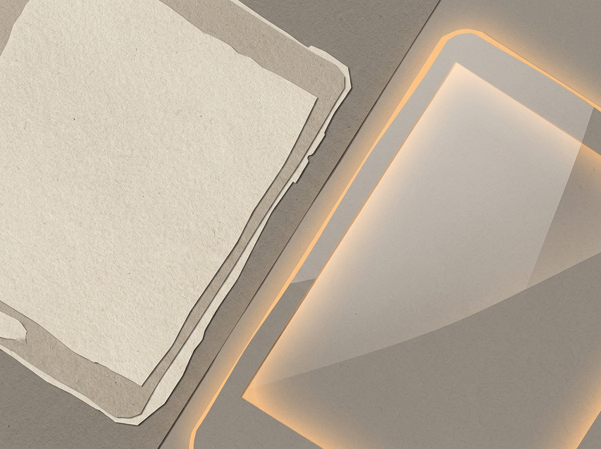 Illustration contrasting paper-feel writing and glossy-screen typing