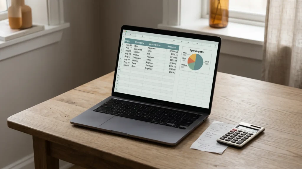 A laptop showing an Airbnb expense tracker spreadsheet