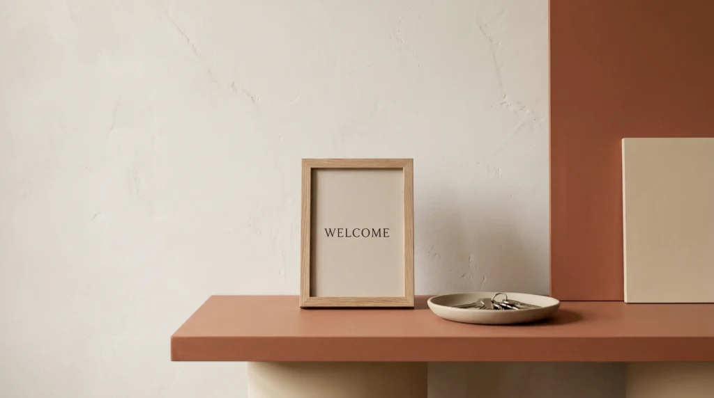 A framed Airbnb welcome sign on a console table