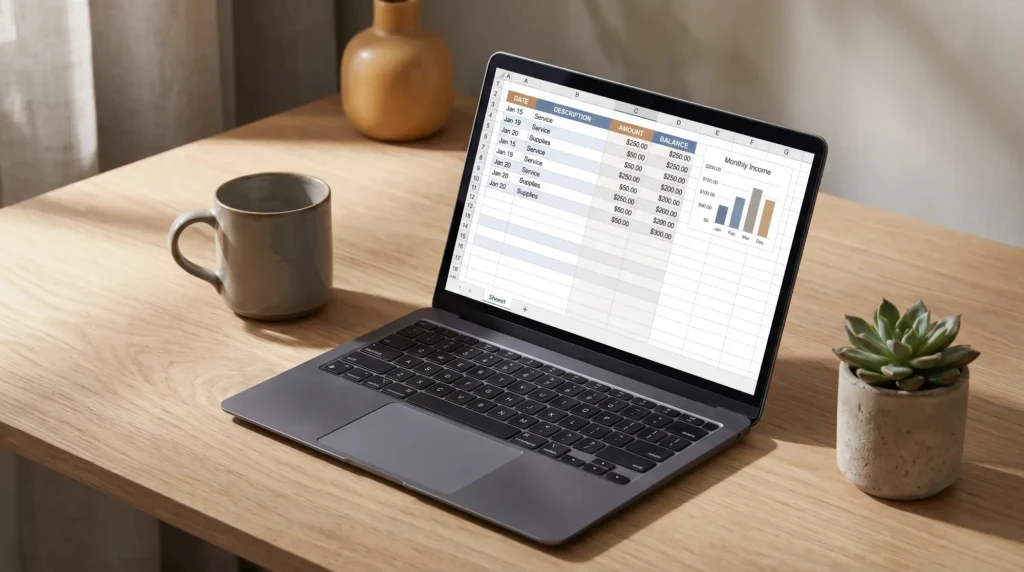 A laptop showing an Airbnb host bookkeeping spreadsheet