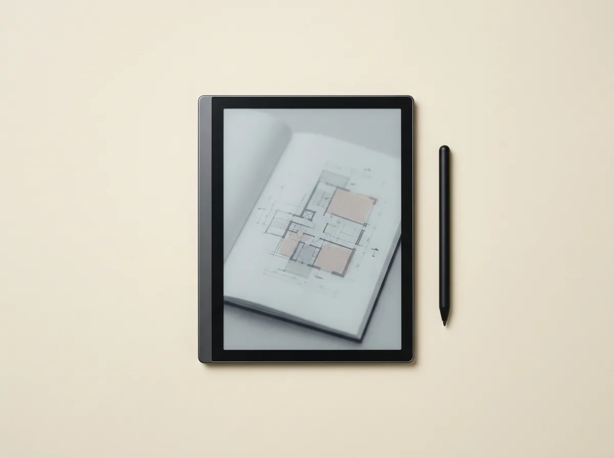 A large 10.3-inch Boox color e-note lying on a desk with a stylus beside it
