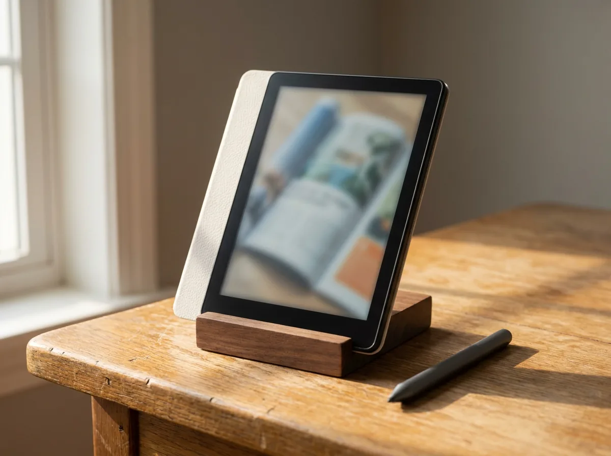 A seven-inch Boox Go Color 7 color e-reader propped on a desk showing a magazine page