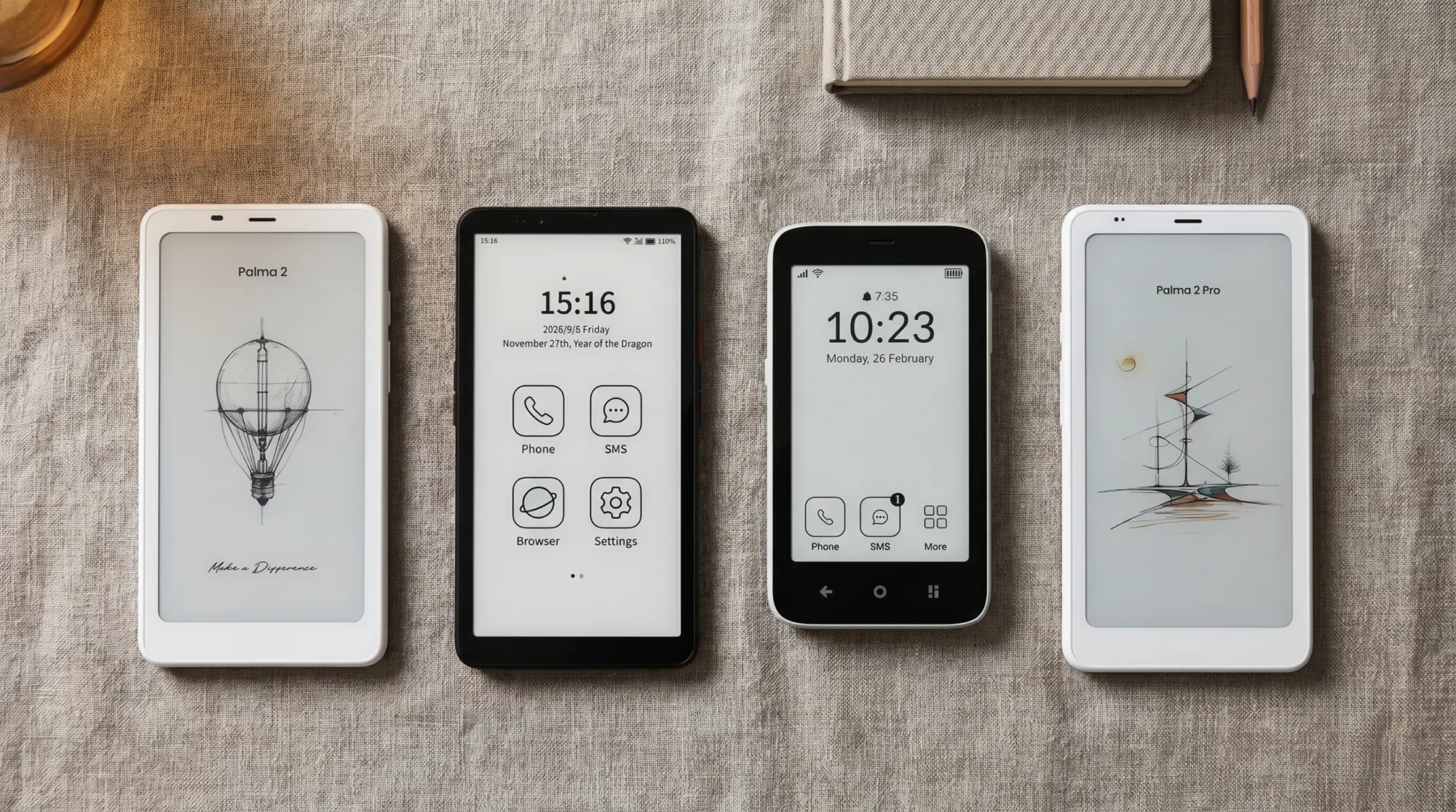 Four e-ink phones laid out and compared on a desk