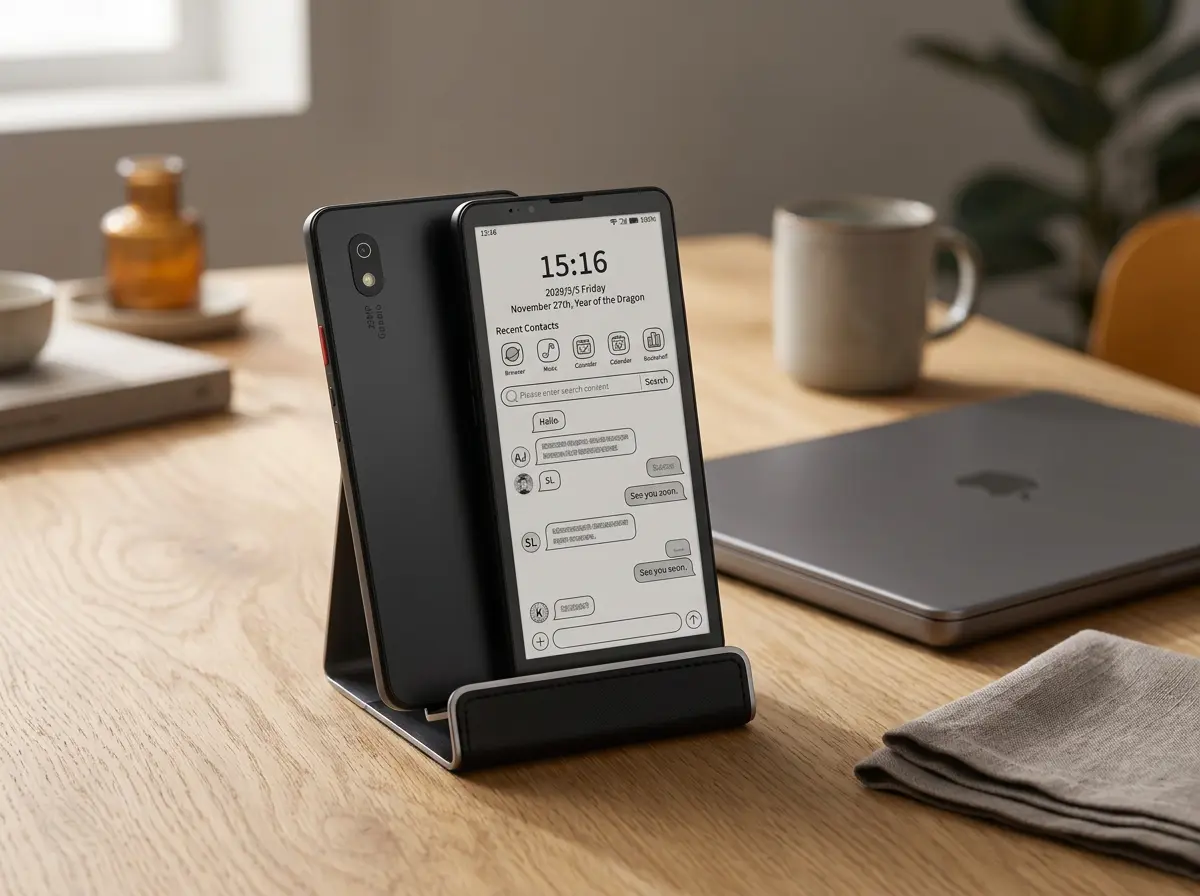 Bigme HiBreak Pro on a desk showing messages on its e-ink screen