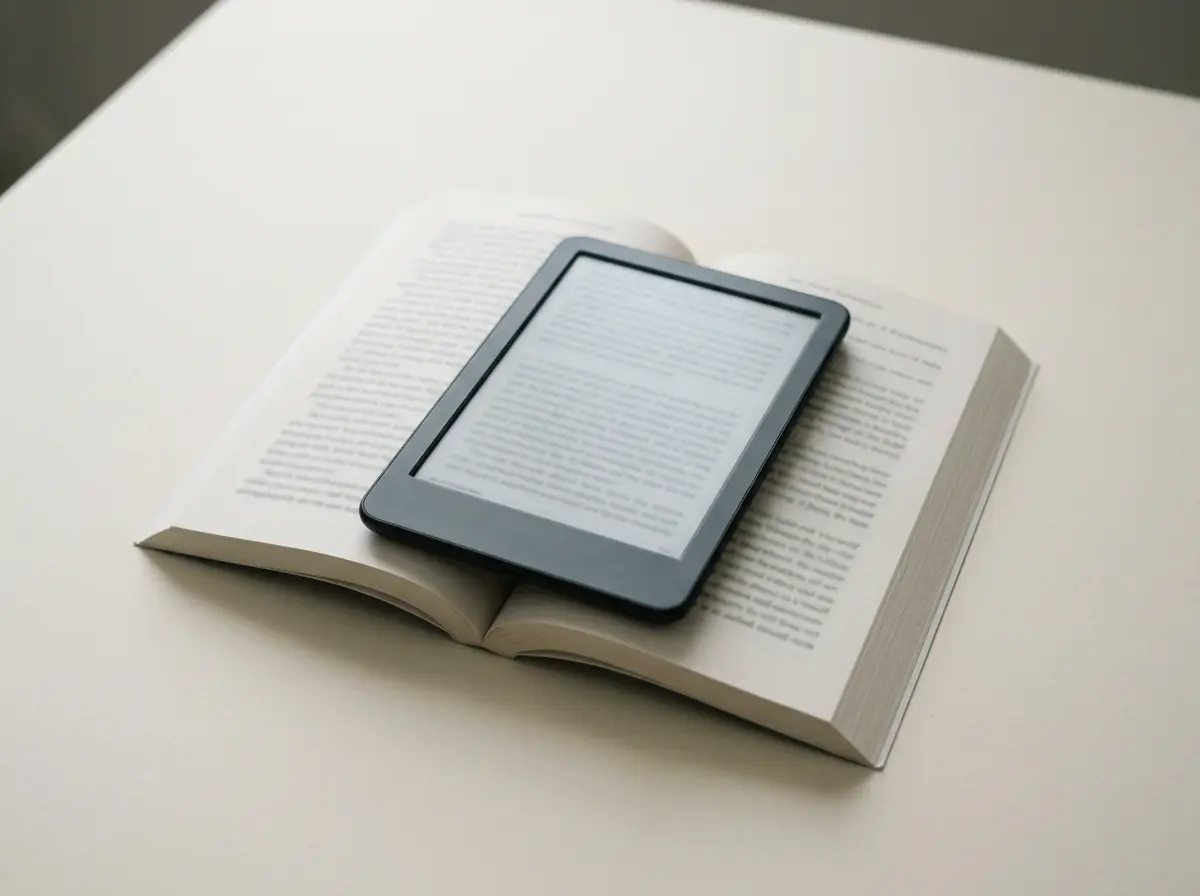 The Boox Go 6 resting on a paperback, showing a page of text