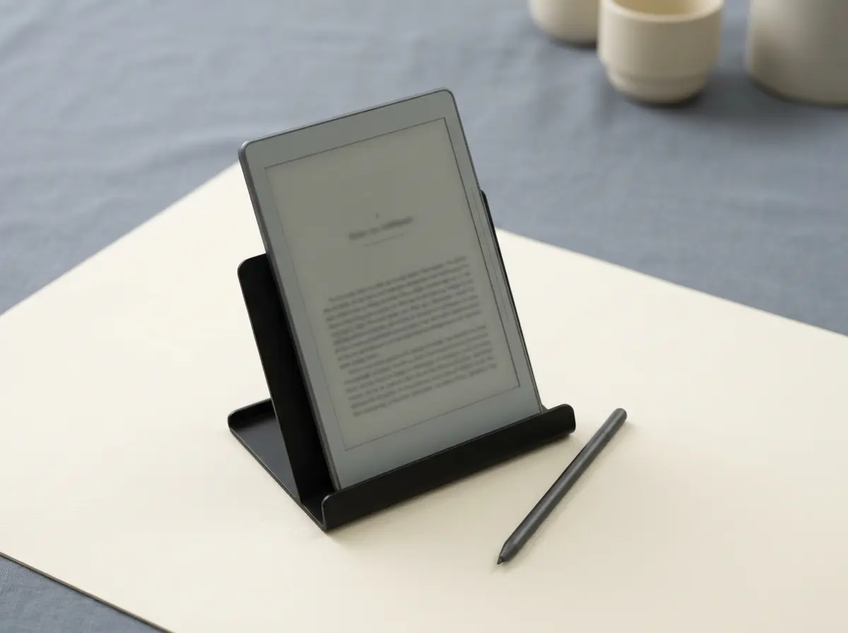 The Boox Go 7 showing a book page with a stylus beside it